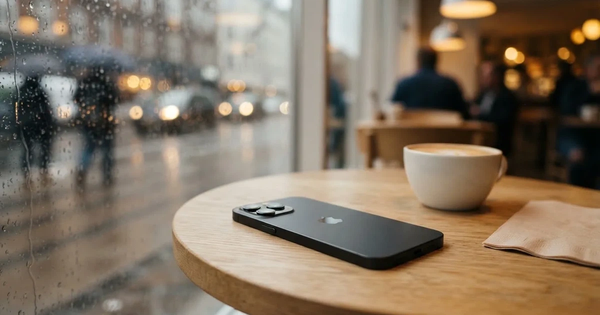 En mobil med framsidan nedåt på ett kafébord, bredvid en latte och regn mot rutan — svenska casinon på android