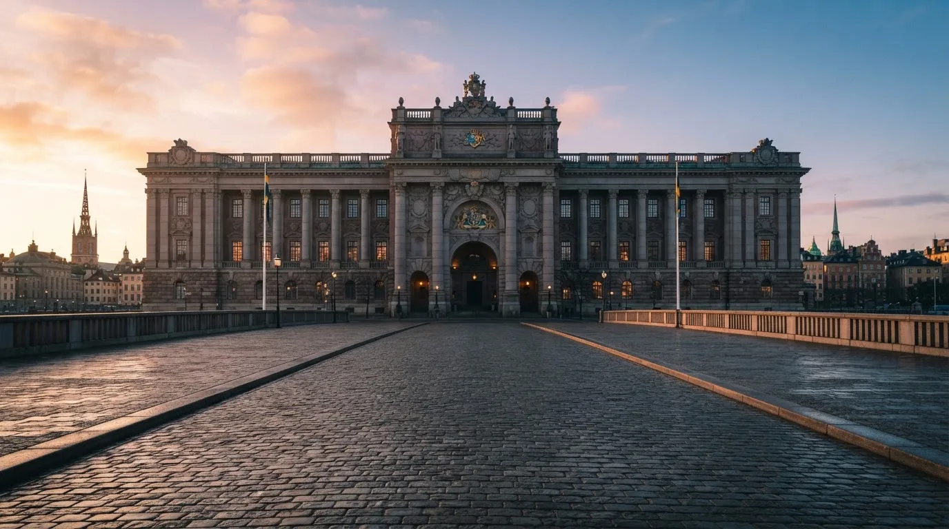 Stenfasad på en statlig byggnad i Stockholm vid gryning, höga pelare och ett tomt torg framför — svenska casinon på android