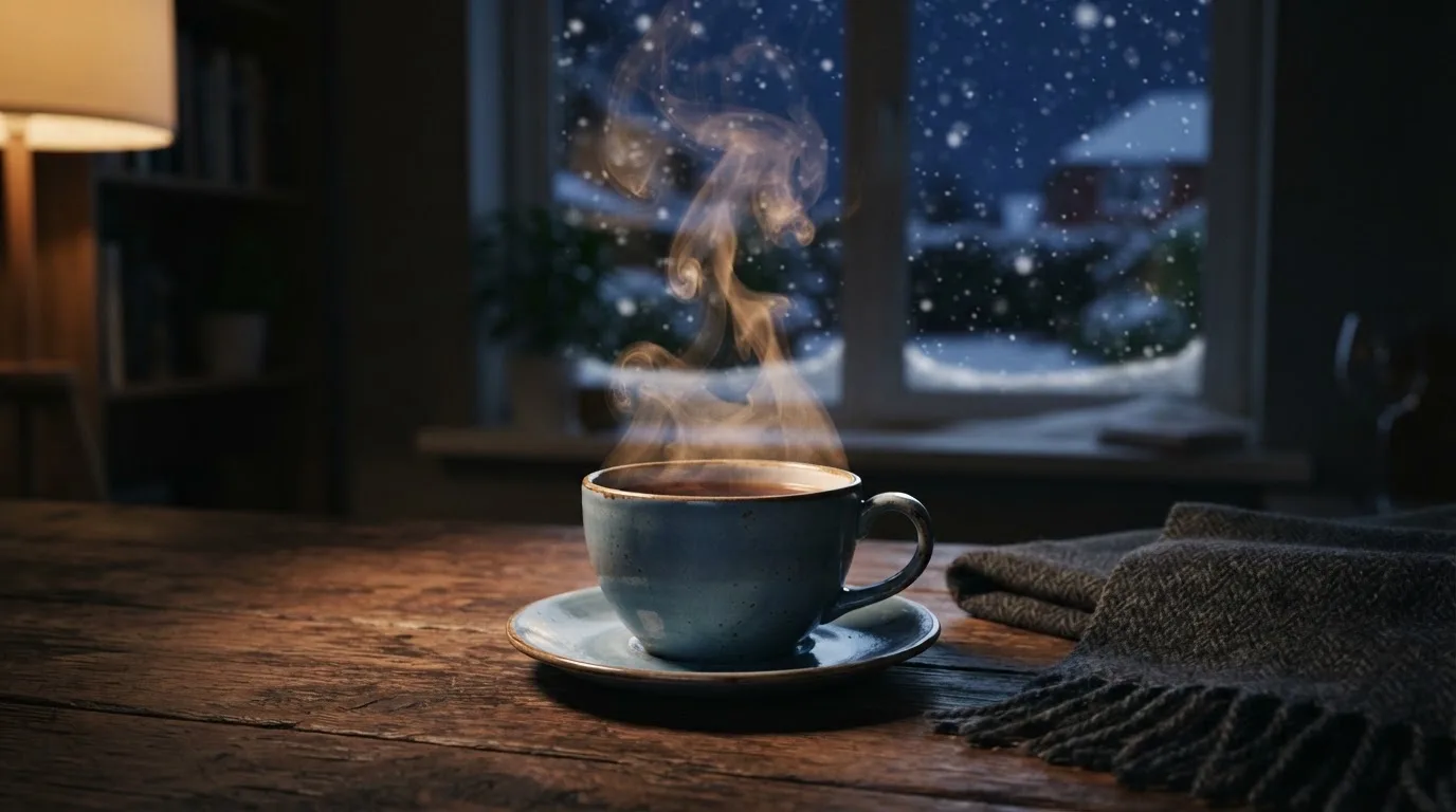 En rykande tekopp på köksbordet en vinterkväll, bakom fönstret faller snön stilla — svenska casinon på nätet