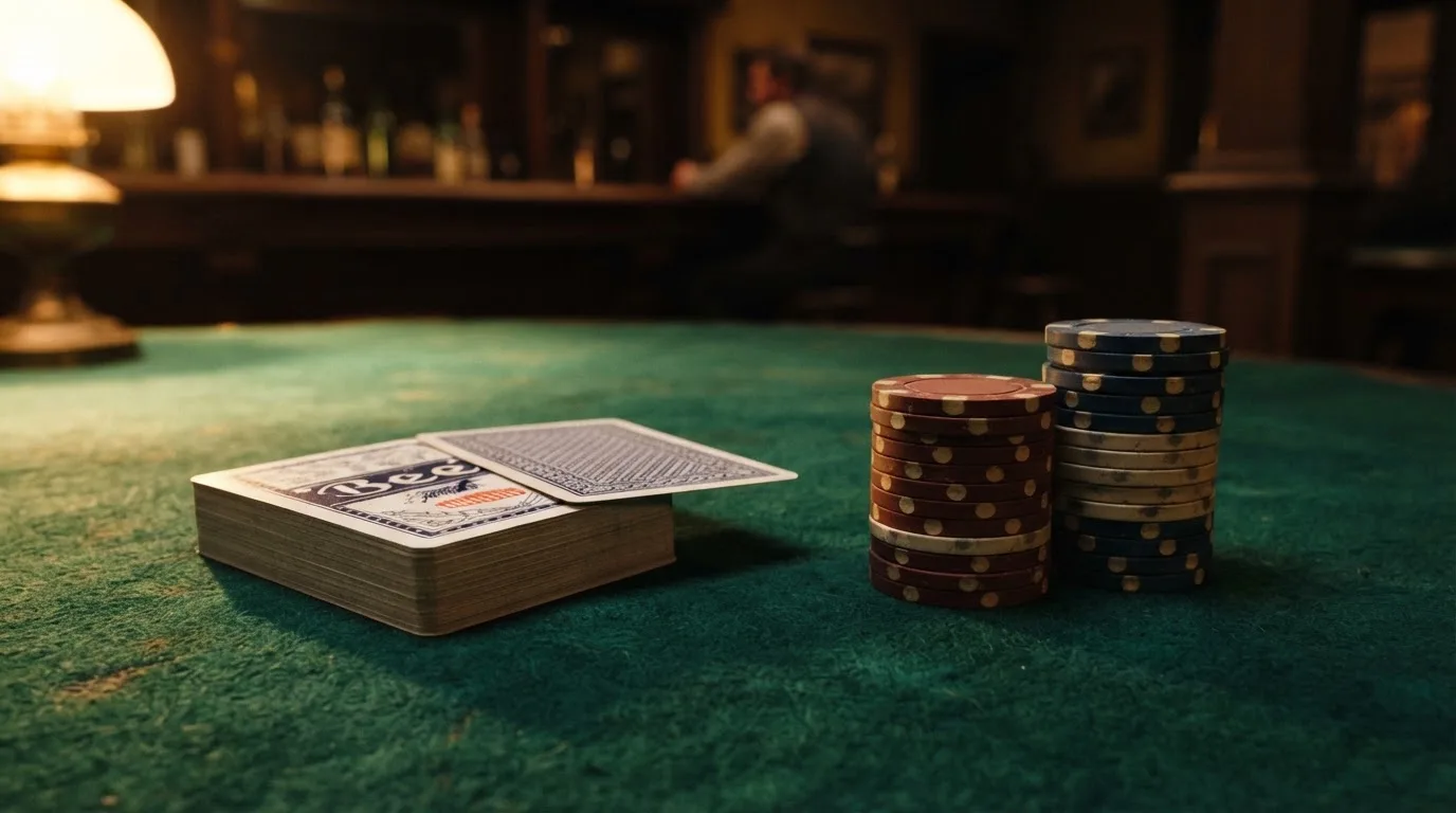Kortlek och staplar av spelmarker på ett grönt filtbord i en dunkel salong, varmt lampsken — svenska casinon utan konto