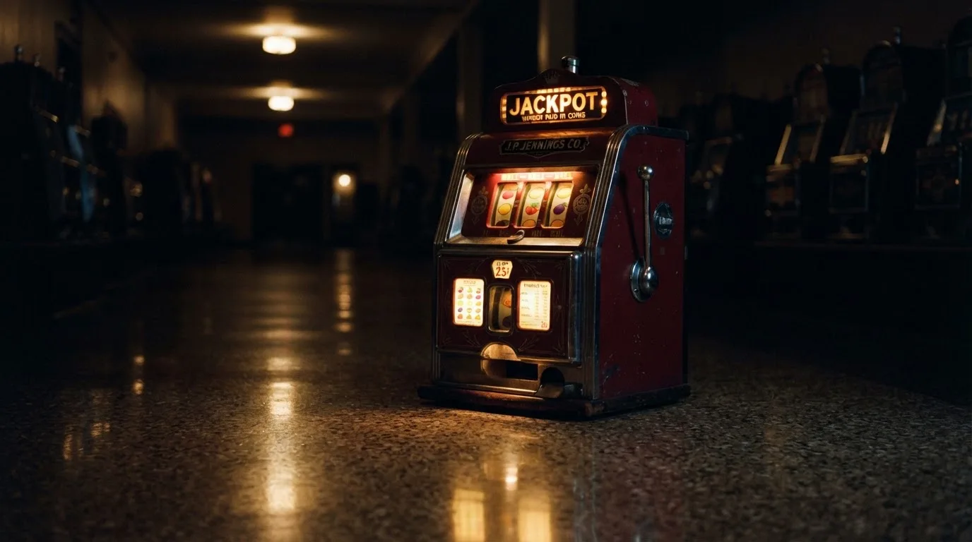 En gammal spelautomat lyser i den dunkla hallen och speglar sig i golvet — svenska casinon utan registrering