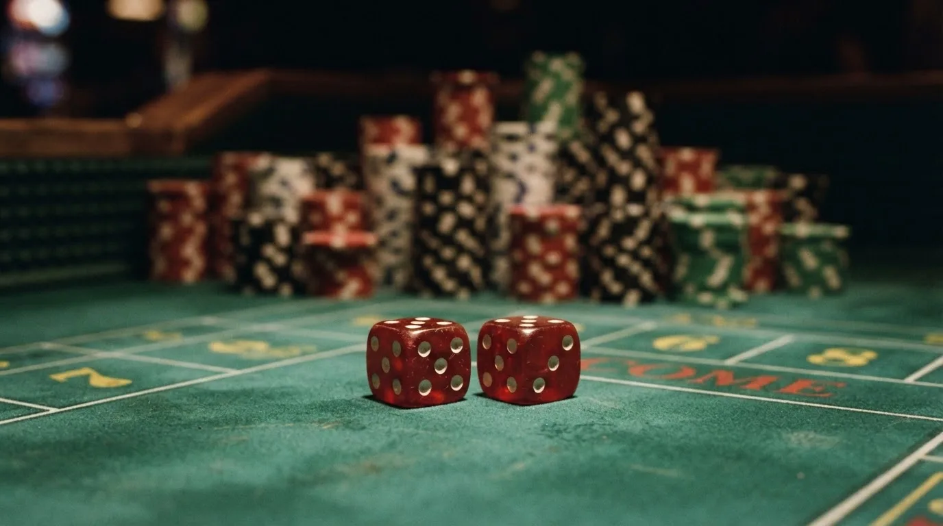 Röda tärningar vilar på grönt filt, bakom dem suddiga torn av spelmarker i kvällsdunklet — svenska casinon utan spelpaus