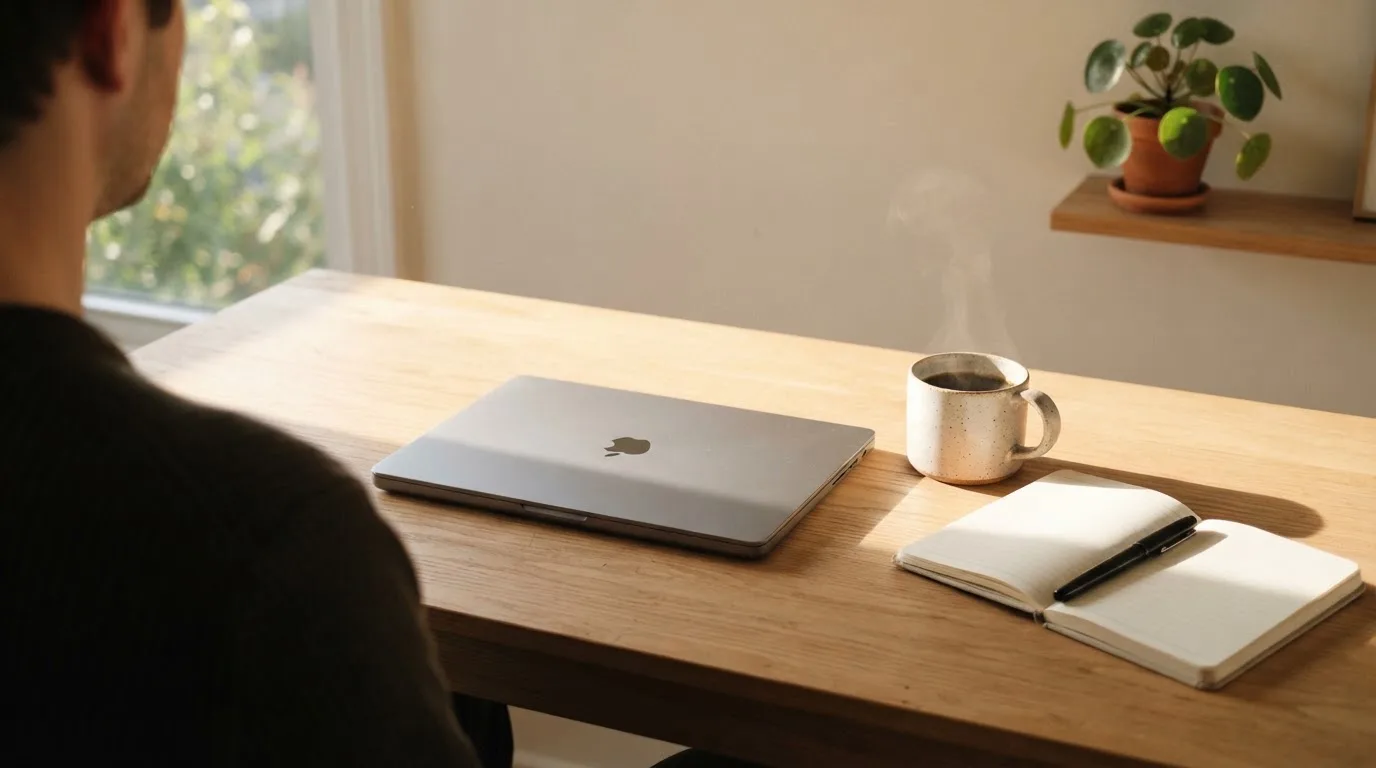 En person sitter vid ett skrivbord hemma med en kopp kaffe och en bärbar dator stängd bredvid sig i morgonljus.