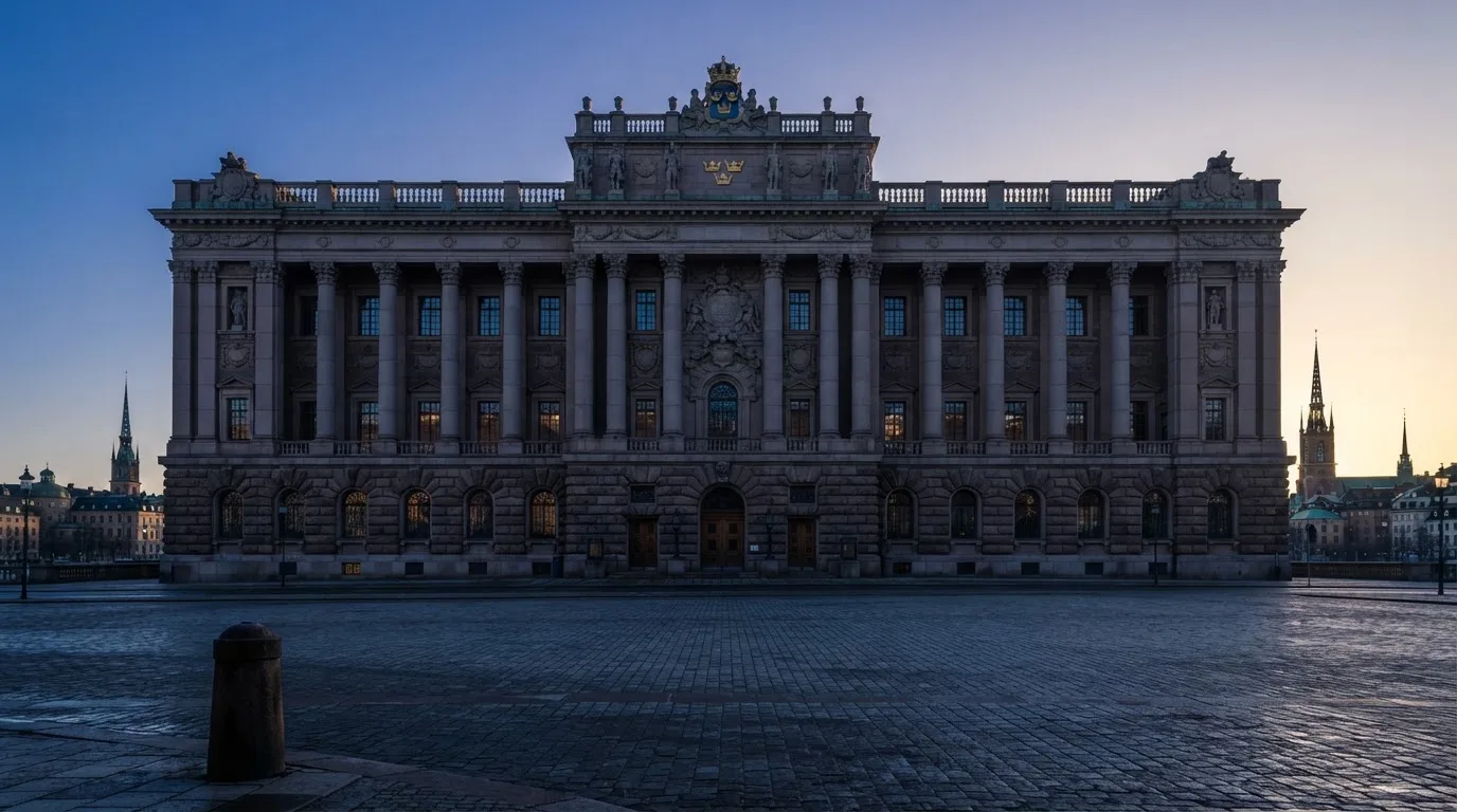 Stenfasad på en statlig byggnad i Stockholm vid gryning, höga pelare och ett tomt torg framför — svenska online casinon