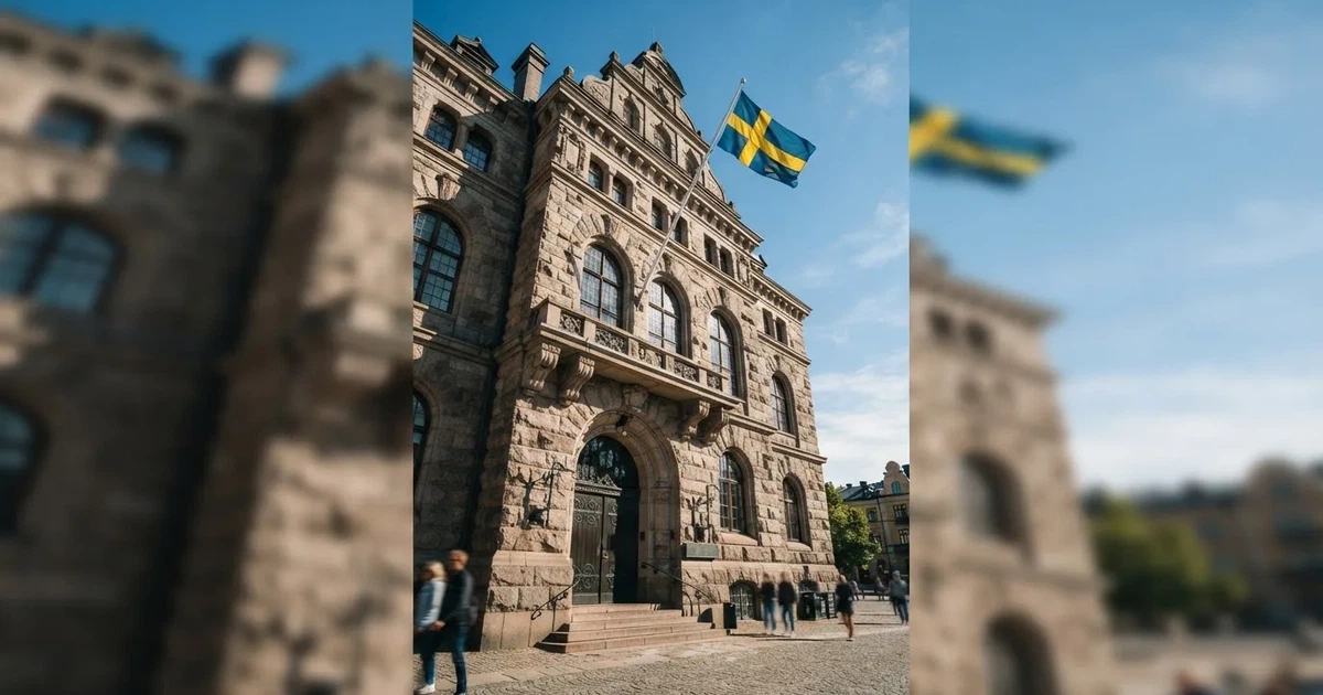 Ett gammalt stadshus i sten fotograferat underifrån mot en klarblå himmel, med den svenska flaggan som fladdrar ovanför entrén.