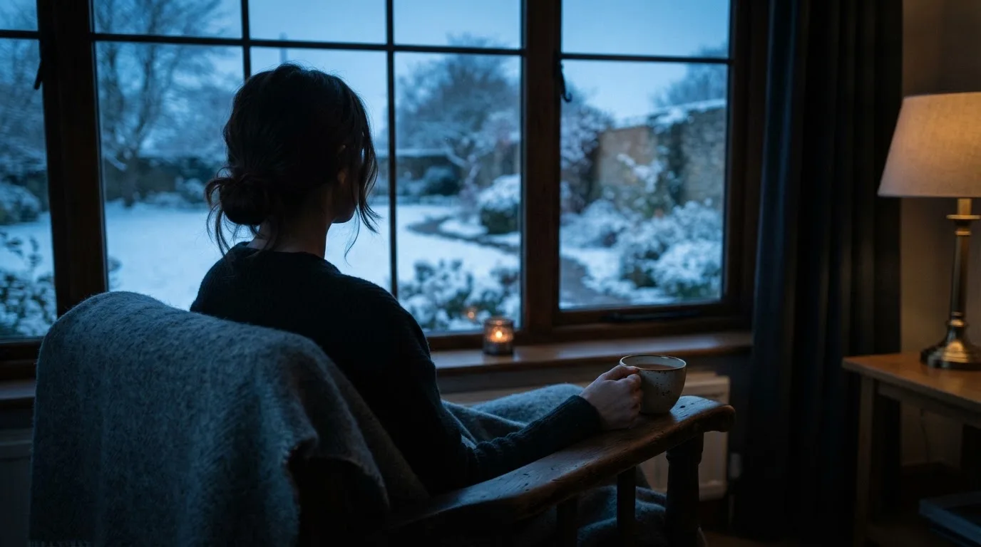 En person sitter ensam vid ett fönster i skymningen och håller en tekopp, med en rofylld vinterträdgård synlig utanför glaset.