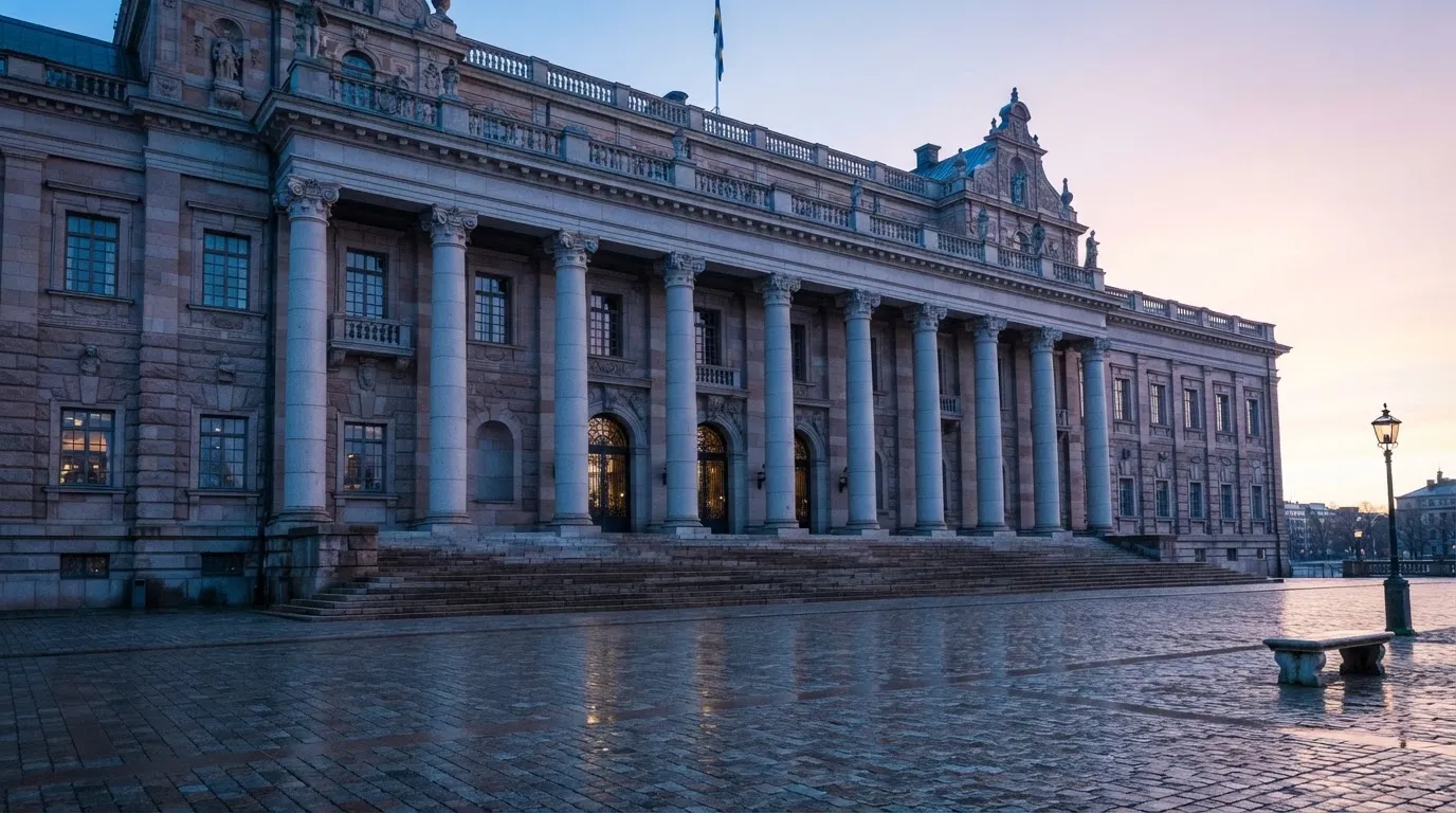 Stenfasad på en statlig byggnad i Stockholm vid gryning, höga pelare och ett tomt torg framför — topp casinon i sverige