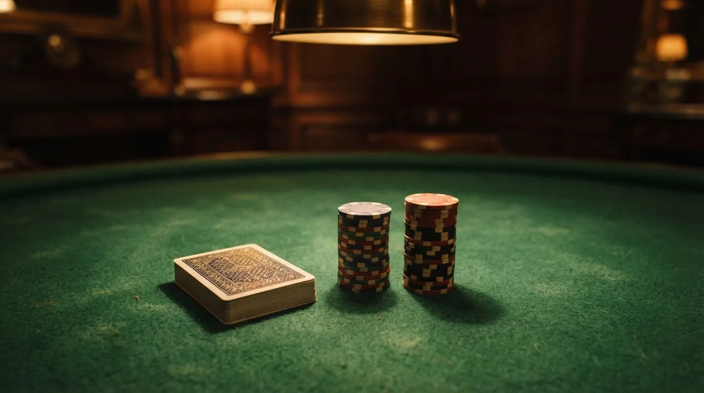 Kortlek och staplar av spelmarker på ett grönt filtbord i en dunkel salong, varmt lampsken — utländska casinon i sverige