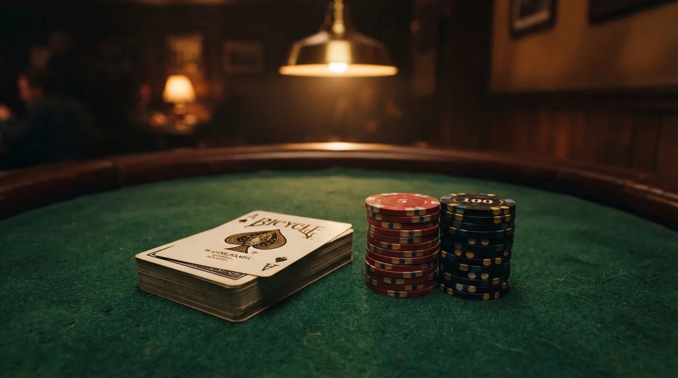 Kortlek och staplar av spelmarker på ett grönt filtbord i en dunkel salong, varmt lampsken — vinna på svenska casino
